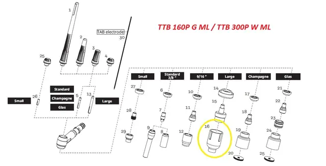 Gasshylse keramisk Ø12,5 (Ø30,5 X 48) Gjenget Stor MiniTig/Standard 